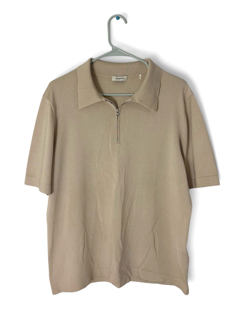 Sandro Men’s Knitted Polo Shirt with Zip Collar in Sand XL